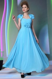 Baby Blue Sweetheart Zipper Beading and Hand Made Flower Prom Gown Cap Sleeves