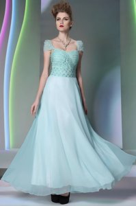Floor Length Light Blue Prom Dress Chiffon Cap Sleeves Beading and Lace