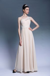 One Shoulder Chiffon Sleeveless Floor Length and Beading and Ruching