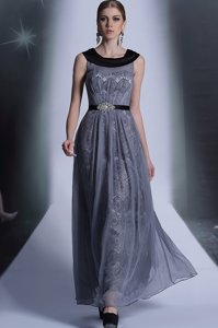 Wonderful Scoop Sleeveless Prom Dress Floor Length Belt Grey Tulle