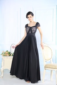 Classical Black Square Neckline Beading Prom Dresses Cap Sleeves Zipper
