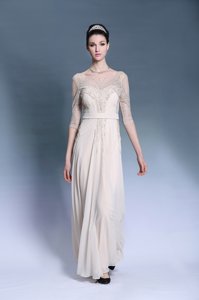 Champagne Column/Sheath Chiffon Bateau Short Sleeves Beading and Pleated Floor Length Zipper Homecoming Dress