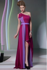 Hot Selling Column/Sheath Prom Party Dress Burgundy One Shoulder Chiffon Sleeveless High Low Side Zipper