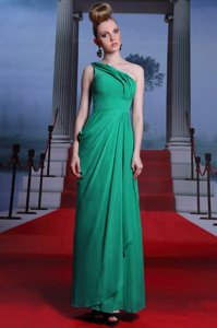 One Shoulder Floor Length Turquoise Prom Dress Chiffon Sleeveless Beading and Ruching