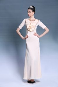 Scoop Short Sleeves Chiffon Floor Length Zipper Prom Party Dress in Champagne for with Beading and Ruching