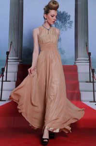 Peach Prom Dresses Prom and Party and For with Beading and Sequins and Ruching Scoop Sleeveless Clasp Handle