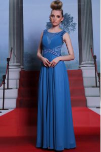Custom Design Blue Scoop Neckline Beading and Ruching Dress for Prom Sleeveless Side Zipper