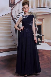 Captivating Bateau Sleeveless Prom Party Dress Floor Length Lace Navy Blue Chiffon