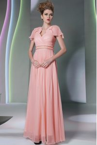Cap Sleeves Chiffon Floor Length Side Zipper Prom Dress in Pink for with Beading and Ruching