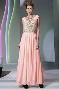 Attractive Cap Sleeves Chiffon Ankle Length Side Zipper in Pink for with Embroidery and Ruching