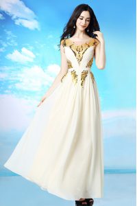 Glittering Chiffon Scoop Cap Sleeves Side Zipper Sequins and Ruching Prom Party Dress in White