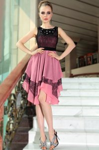 Beautiful Scoop Sleeveless Asymmetrical Beading and Lace Pink And Black Chiffon