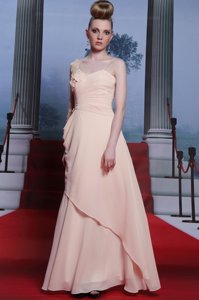 Elegant One Shoulder Baby Pink Empire Appliques and Ruching Prom Evening Gown Side Zipper Chiffon Long Sleeves Floor Length