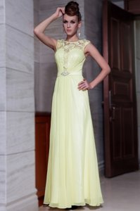 Light Yellow Scoop Zipper Beading and Hand Made Flower Prom Dresses Cap Sleeves