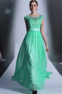 Graceful Scoop Floor Length Side Zipper Dress for Prom Turquoise and In for Prom and Party with Beading
