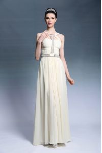 Beading and Ruching Prom Gown Light Yellow Side Zipper Sleeveless Floor Length