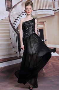 Enchanting Black Side Zipper One Shoulder Appliques Prom Party Dress Chiffon Sleeveless