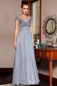 Grey Column/Sheath Scoop Cap Sleeves Chiffon Floor Length Side Zipper Beading and Sequins and Ruching and Belt Homecoming Dress