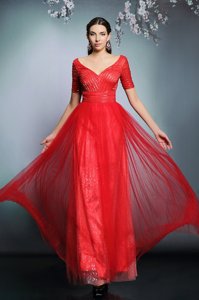 V-neck Short Sleeves Chiffon Prom Dresses Sequins Zipper