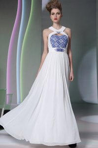 Halter Top Sleeveless Floor Length Beading and Embroidery White Chiffon