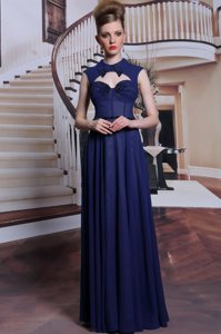 Comfortable Sleeveless Floor Length Beading Zipper Prom Gown with Navy Blue