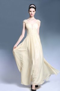 Classical Champagne Column/Sheath V-neck Sleeveless Chiffon Ankle Length Zipper Lace Prom Dress