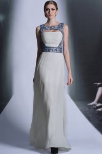 White Chiffon Zipper Bateau Sleeveless Floor Length Prom Dresses Embroidery