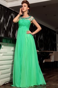 Simple Scoop Floor Length Side Zipper Homecoming Dress Green and In for Prom and Party with Beading and Ruching