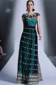 Low Price Teal Empire Organza Scoop Cap Sleeves Appliques and Pleated Floor Length Side Zipper Prom Gown