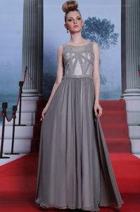 Scoop Grey Chiffon Side Zipper Prom Dress Sleeveless Floor Length Beading