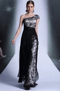 One Shoulder Lace Floor Length Column/Sheath Sleeveless Black Homecoming Dress Side Zipper