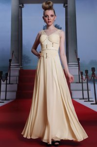 Stunning V-neck Sleeveless Dress for Prom Floor Length Beading and Ruching Light Yellow Chiffon