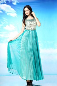Deluxe Scoop Floor Length Side Zipper Homecoming Dress Turquoise and In for Prom and Party with Pleated