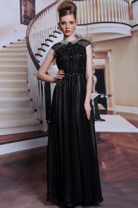 Scoop Sleeveless Prom Dress Floor Length Beading and Appliques Black Chiffon