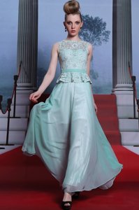 Comfortable Scoop Light Blue Column/Sheath Lace and Belt Prom Party Dress Side Zipper Chiffon Sleeveless Floor Length