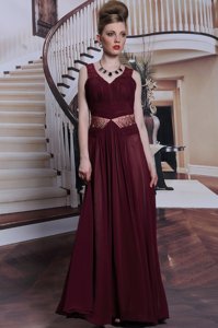 Burgundy Zipper Homecoming Dress Beading and Ruching Sleeveless Floor Length