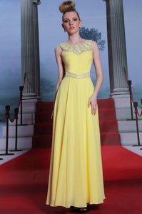 Latest Scoop Floor Length Side Zipper Yellow and In for Prom and Party with Lace