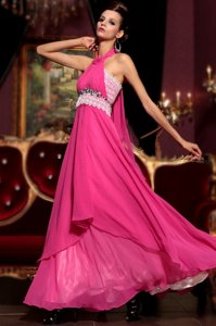 Halter Top Sleeveless Chiffon Floor Length Zipper Prom Party Dress in Hot Pink for with Beading and Lace