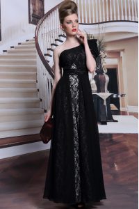Great Lace One Shoulder Sleeveless Side Zipper Lace and Sequins Prom Dresses in Black