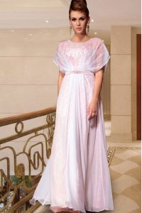 Luxury Scoop Pink Cap Sleeves Beading Ankle Length Prom Dresses
