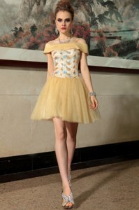 Gold Cap Sleeves Organza Side Zipper Prom Dress for Prom and Party
