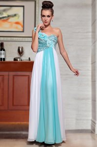 Blue And White Sleeveless Ankle Length Beading and Sequins and Hand Made Flower Side Zipper Dress for Prom