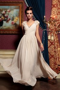 Cute Champagne Empire Beading and Hand Made Flower Side Zipper Chiffon Cap Sleeves Floor Length