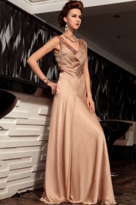 V-neck Sleeveless Evening Dress Floor Length Beading and Ruching Brown Satin