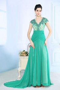 Popular Turquoise Column/Sheath Chiffon V-neck Cap Sleeves Beading and Lace and Ruching With Train Side Zipper Prom Gown Brush Train