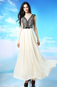 White And Black Side Zipper V-neck Appliques and Bowknot Dress for Prom Chiffon Cap Sleeves