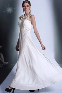 White Empire Scoop Sleeveless Chiffon Floor Length Zipper Beading and Hand Made Flower Prom Gown