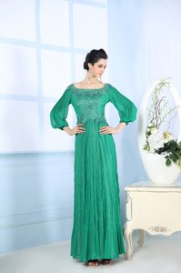 New Style Square 3|4 Length Sleeve Prom Dress Floor Length Beading and Appliques and Ruching Green Chiffon