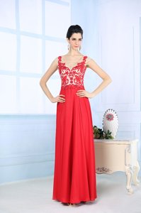 Designer Coral Red Chiffon Zipper Straps Sleeveless Floor Length Prom Dresses Lace