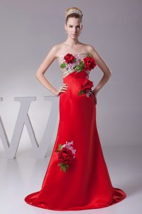 Handmade Flowers Appliqued Brush Train Red Prom Dress